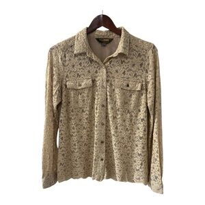Eddie Bauer 1920  Lace Sheer Button Up  Tan Blouse Size M Women